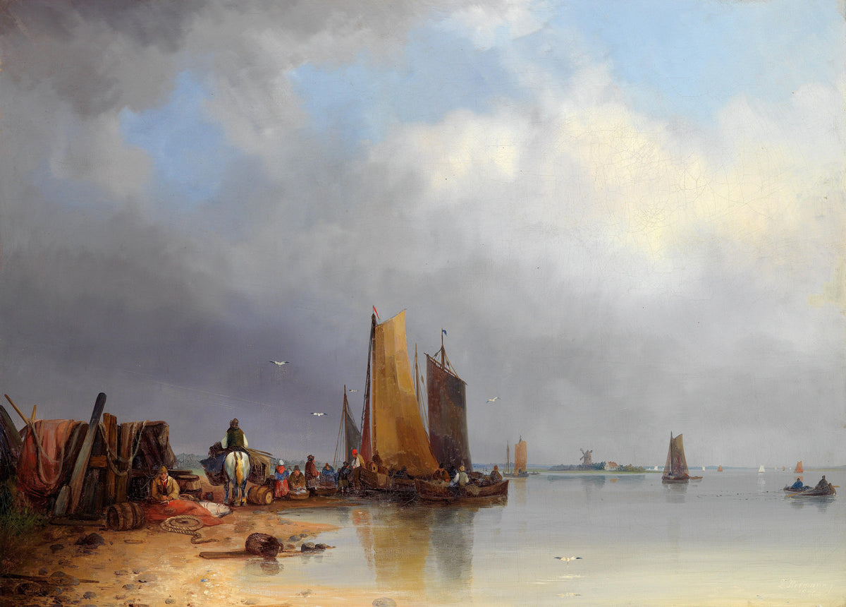 Hand-painted coastal fishing boats at calm shore nautical oil painting on canvas