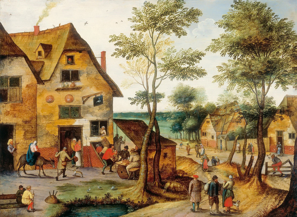 Peinture à l'huile de paysage - Homme à dos d'âne, femme, chien et champ rural