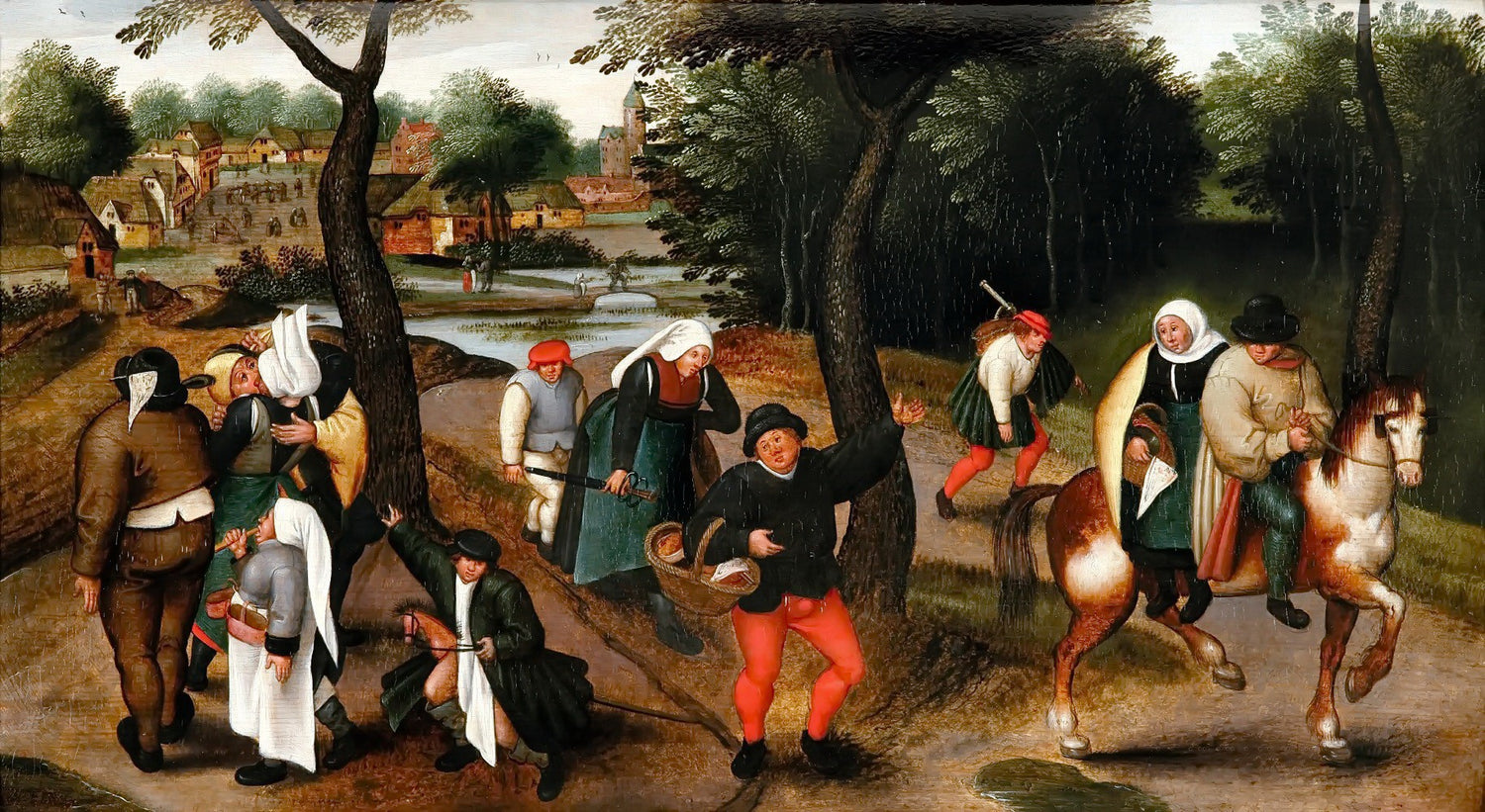 Landschaftsgemälde in Öl – Mann auf Esel, Frau, Hund und ländliches Feld