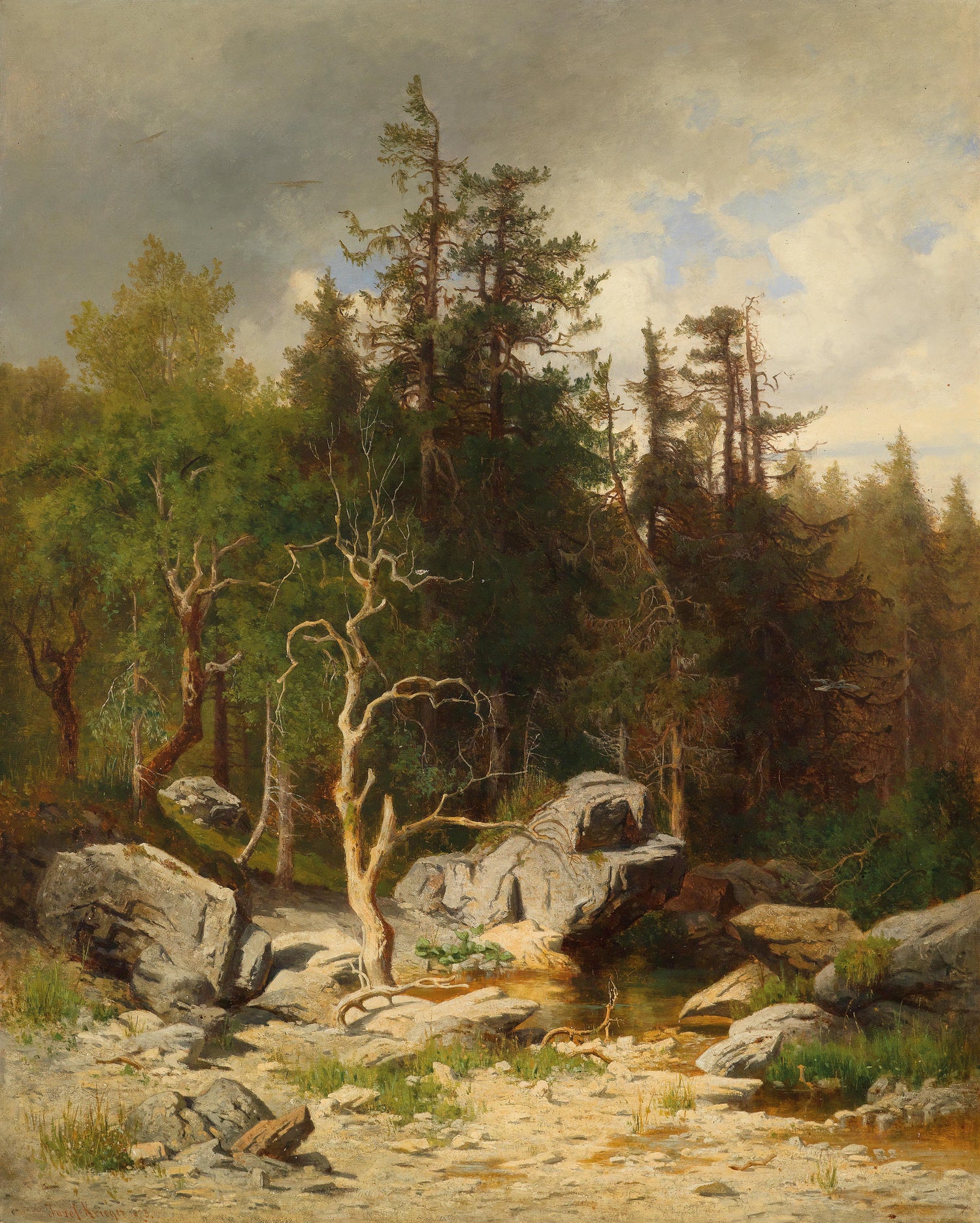 Peinture à l'huile de paysage - Forêt avec rochers, ruisseau et arbre noueux