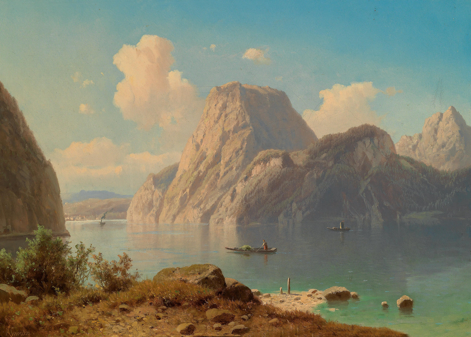 Peinture à l'huile de paysage - Lac alpin, pics rocheux escarpés et eaux calmes