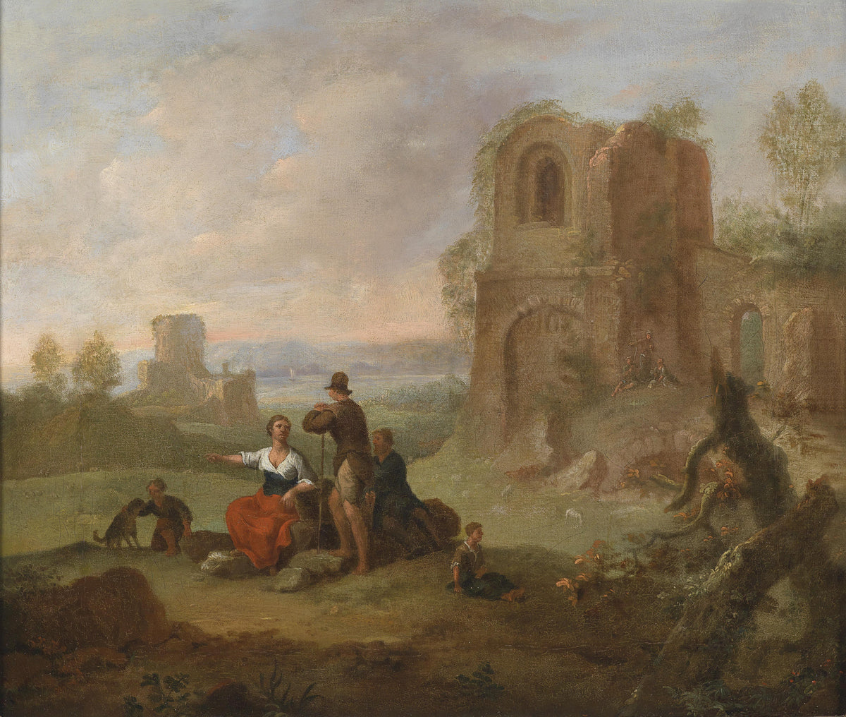 Peinture à l'huile de paysage - Homme à dos d'âne, femme, chien et champ rural