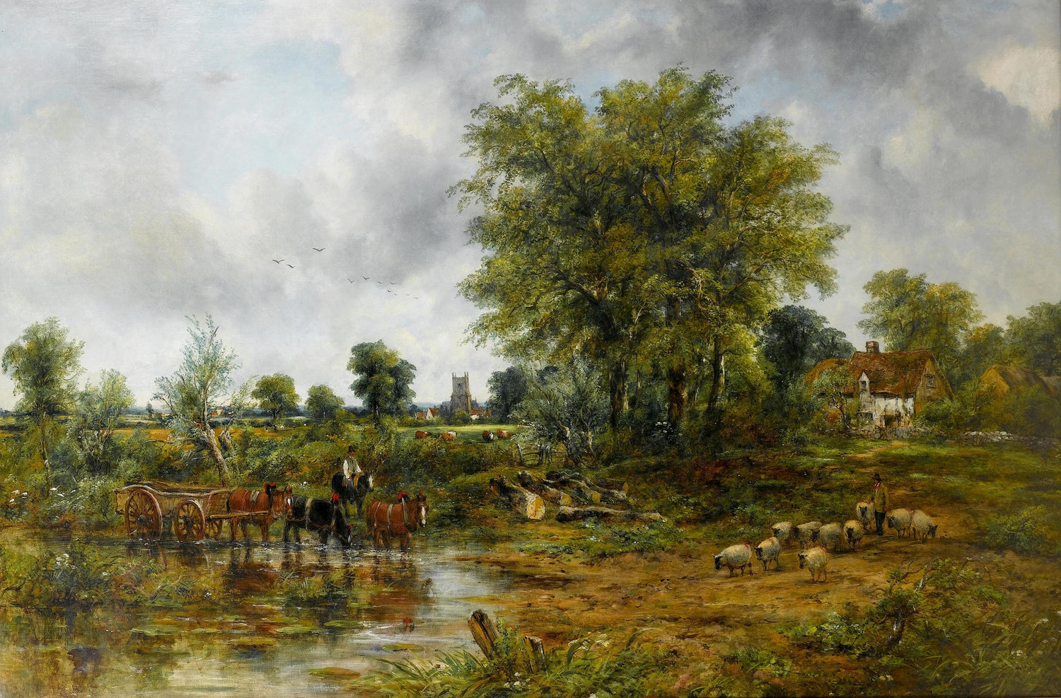 Hand-painted hand-painted pastoral river crossing landscape oil painting on canvas