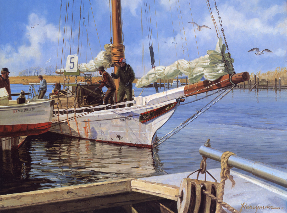 Hand-painted harbor workboat scene nautical oil painting on canvas