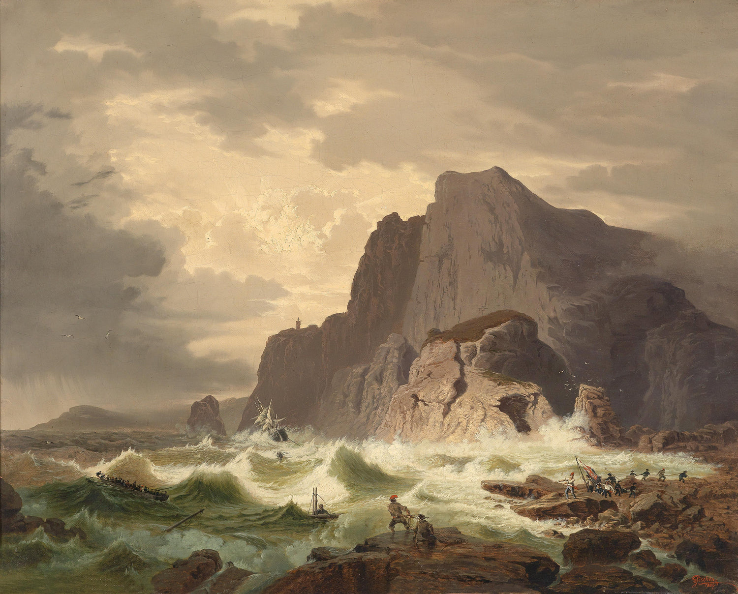 Côte déchaînée, falaises, vagues – Paysage peint à l'huile à la main