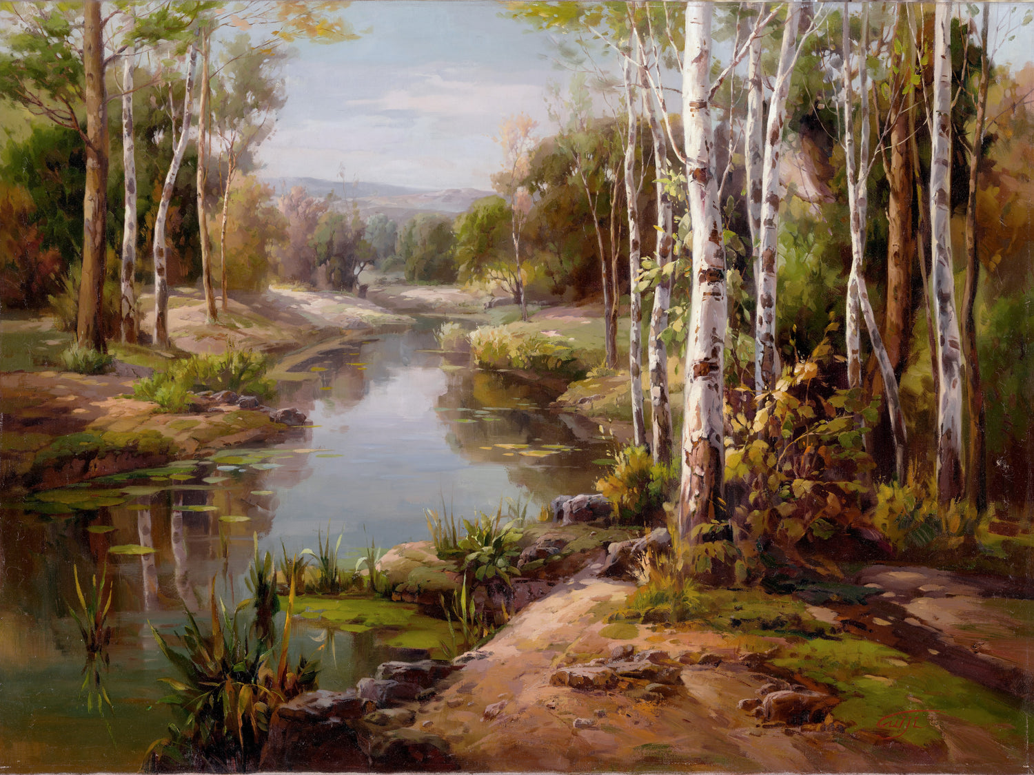 Peinture à l'huile de paysage - Forêt de bouleaux, ruisseau et cours d'eau boisé