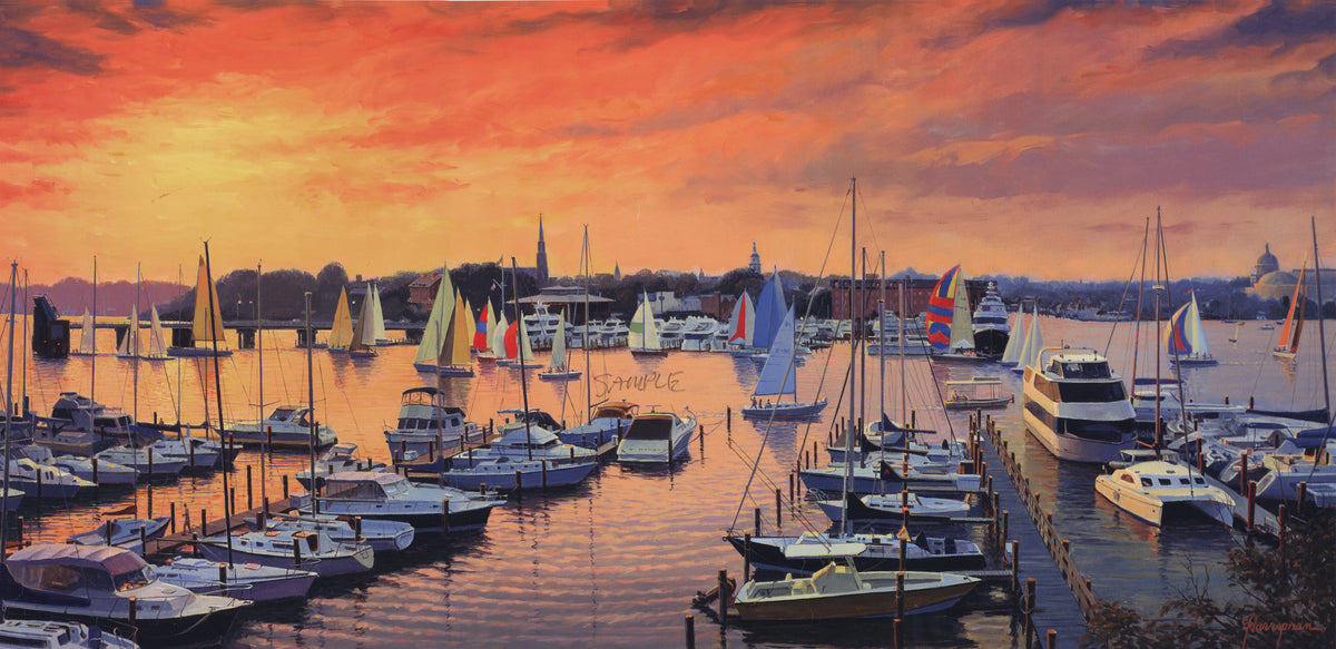 Hand-painted sunset marina sailboats nautical oil painting on canvas