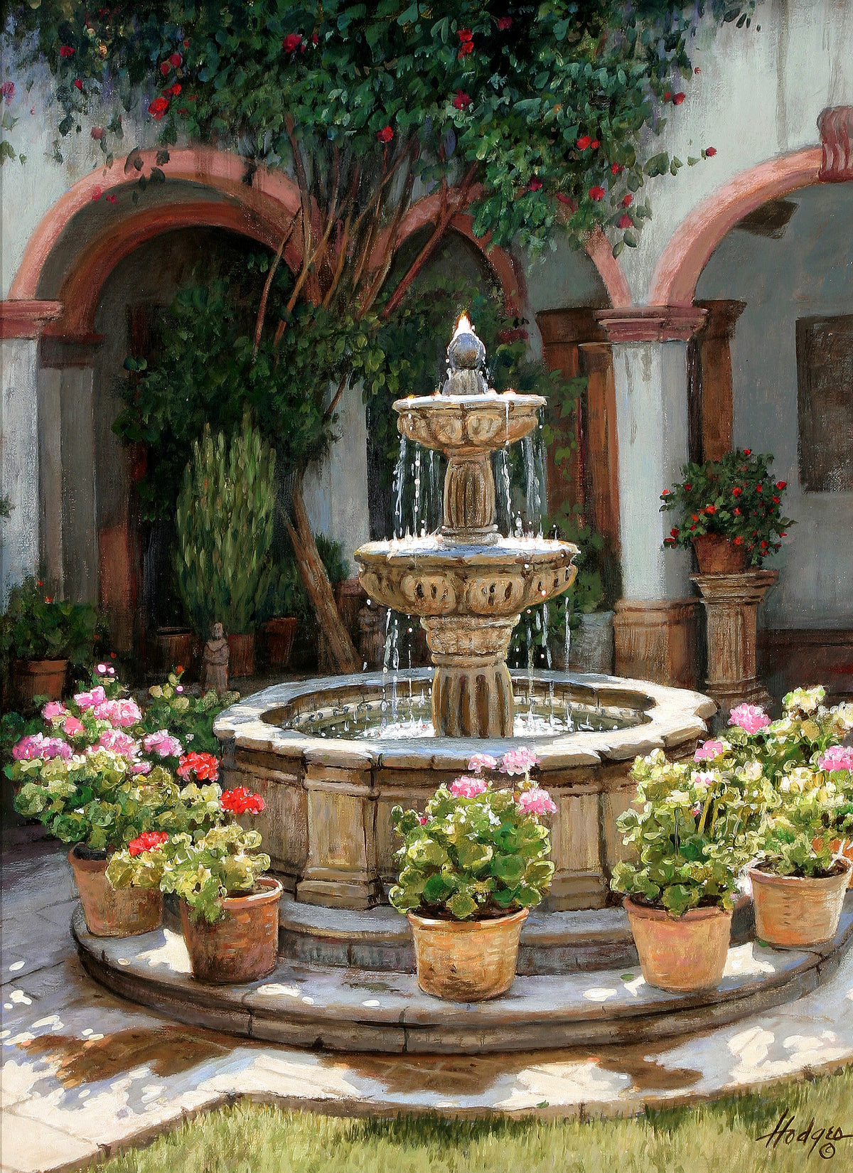 Hand painted landscape oil painting of Spanish courtyard fountain with textured brushwork, surrounded by terracotta pots of. - Add Frame, Canvas, Floral, Garden, Hand Painted, Landscape, Made To Order, Oil Painting