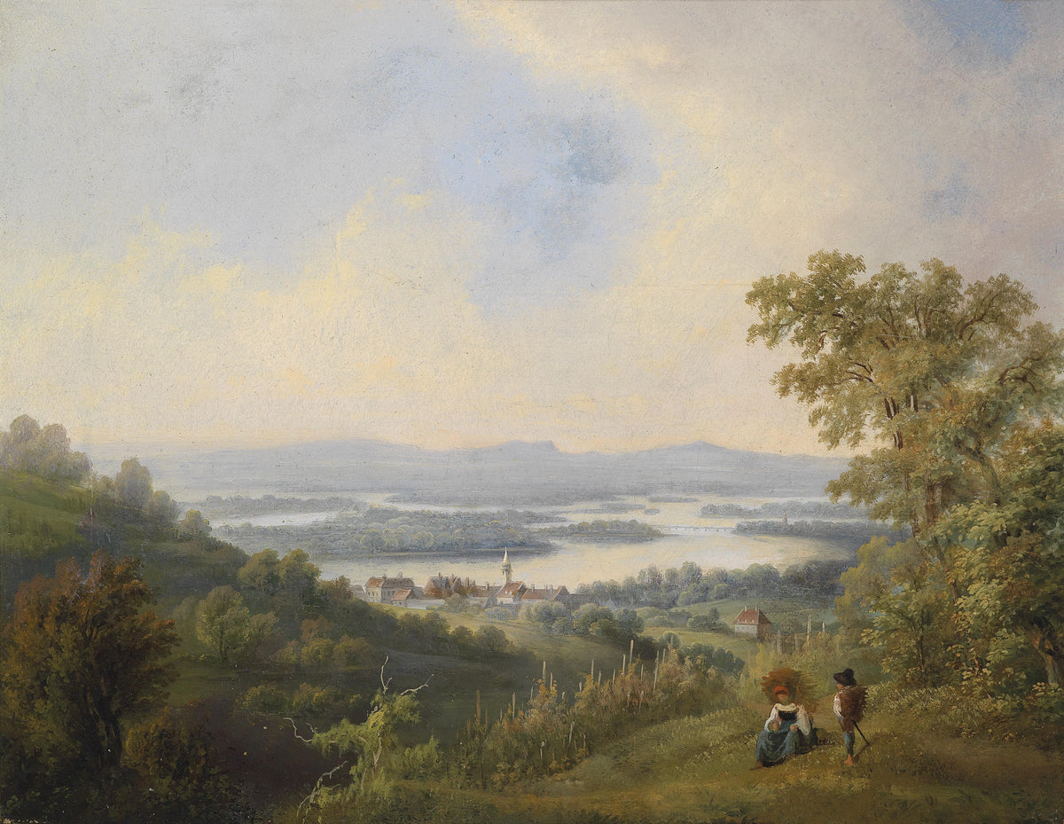 Landscape Oil Painting - Riverside Village with Country Travelers