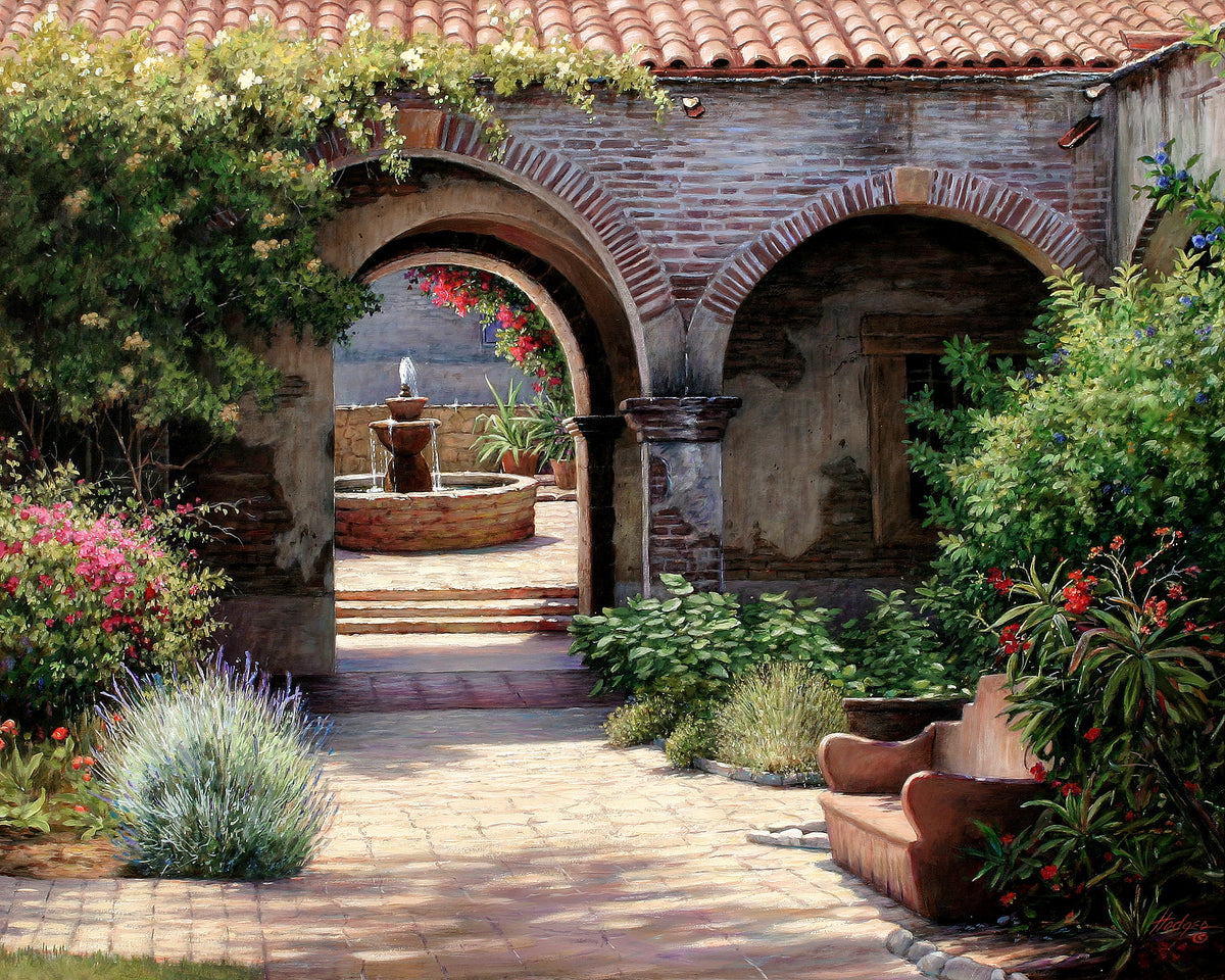 Hand painted landscape oil painting of sunlit Spanish courtyard with fountain, textured brushwork on canvas. - Add Frame, Canvas, Floral, Hand Painted, Landscape, Made To Order, Oil Painting