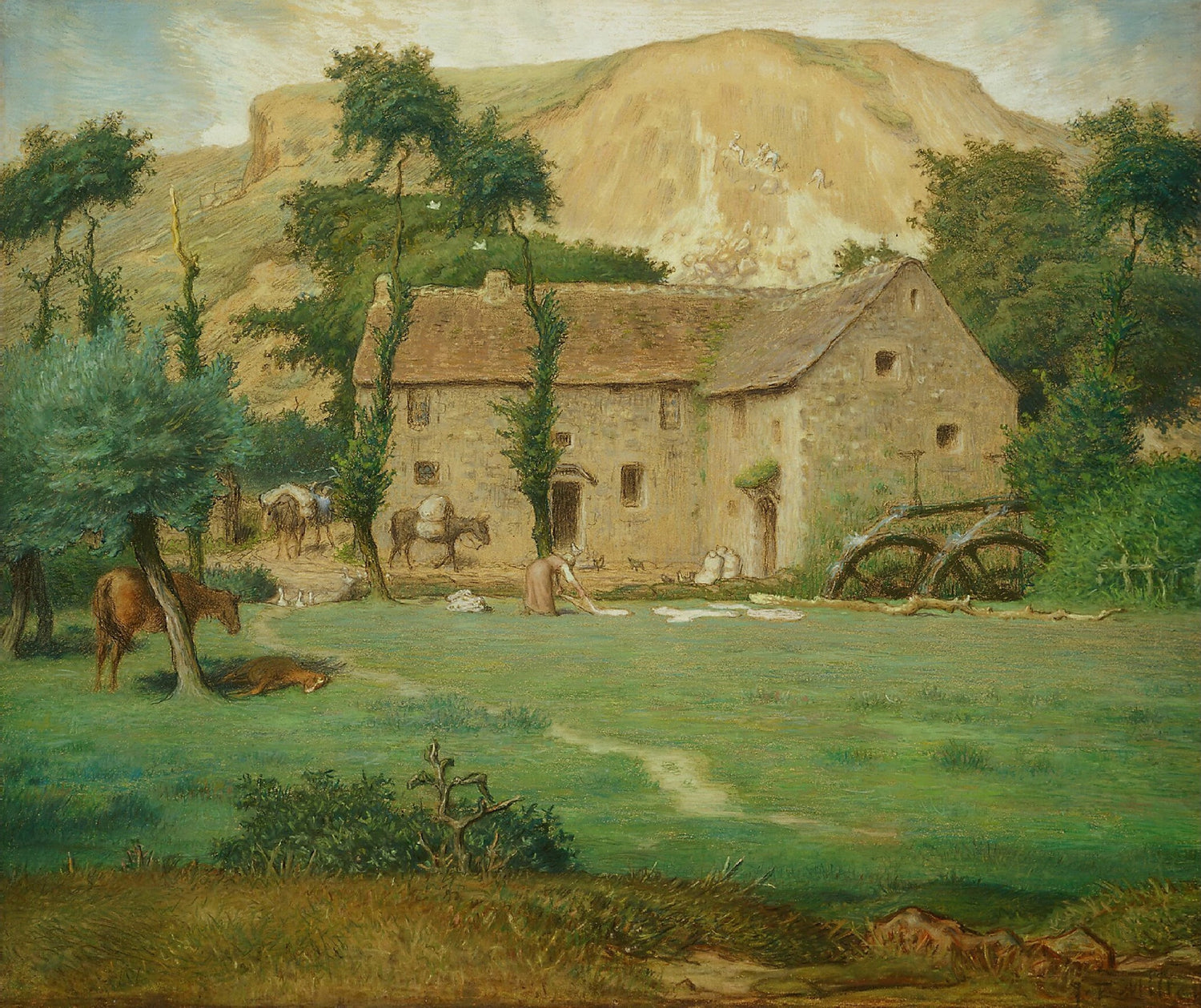 Hand-painted hand-painted rustic farmstead meadow landscape oil painting on canvas