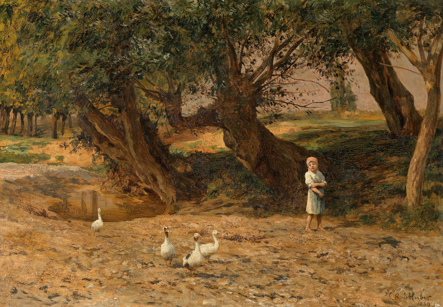 Landscape Oil Painting - Rural with Girl & Geese, Ancient Trees, Puddle