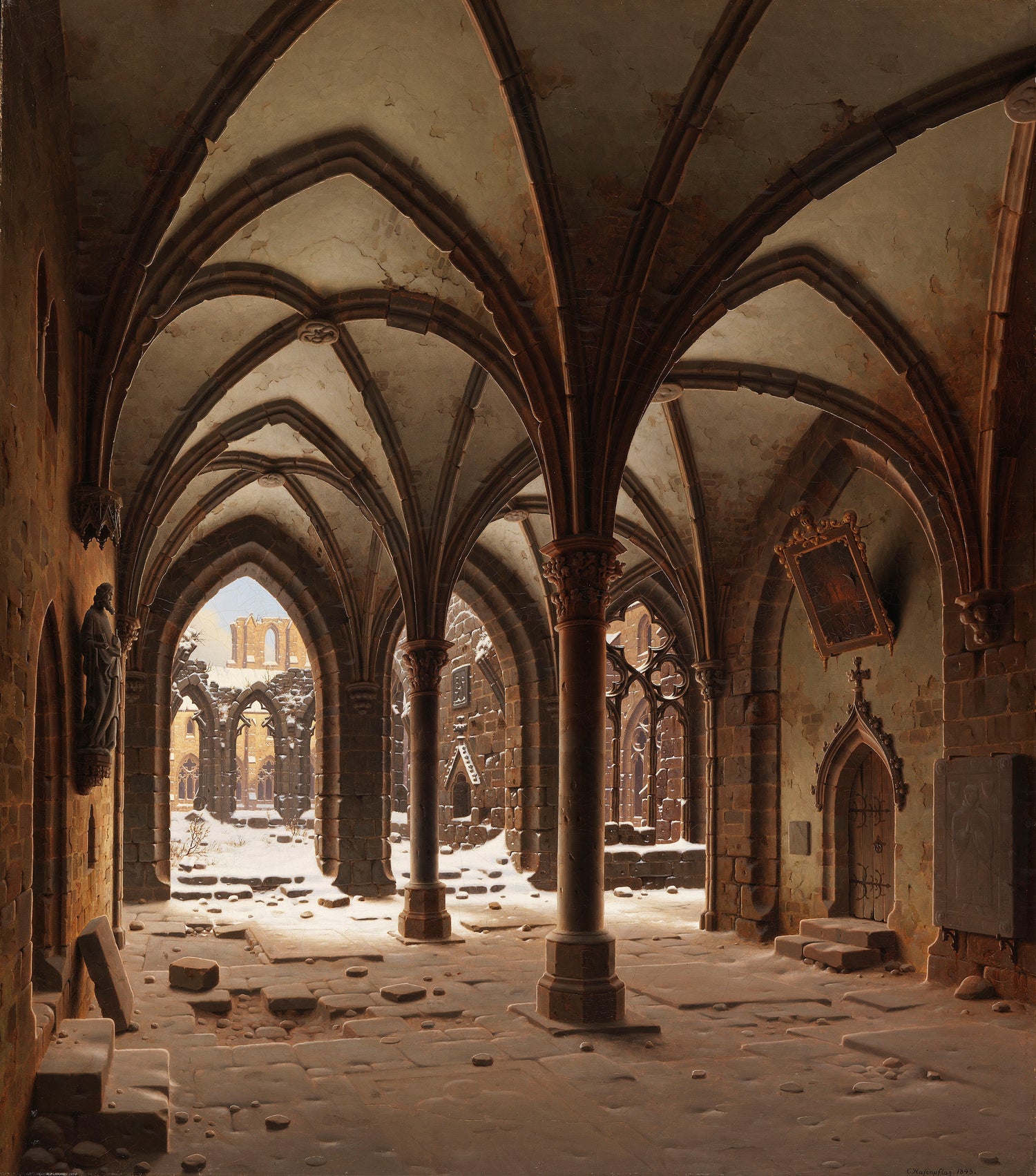 Landschaftsgemälde in Öl – Gotischer Klosterkreuzgang im Schnee, Bögen, Säulen