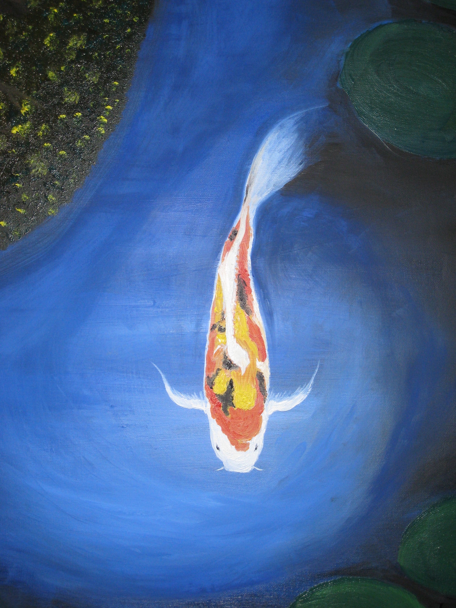 Landschaftsgemälde in Öl – Frühlingsfluss mit Fischer und Bäumen