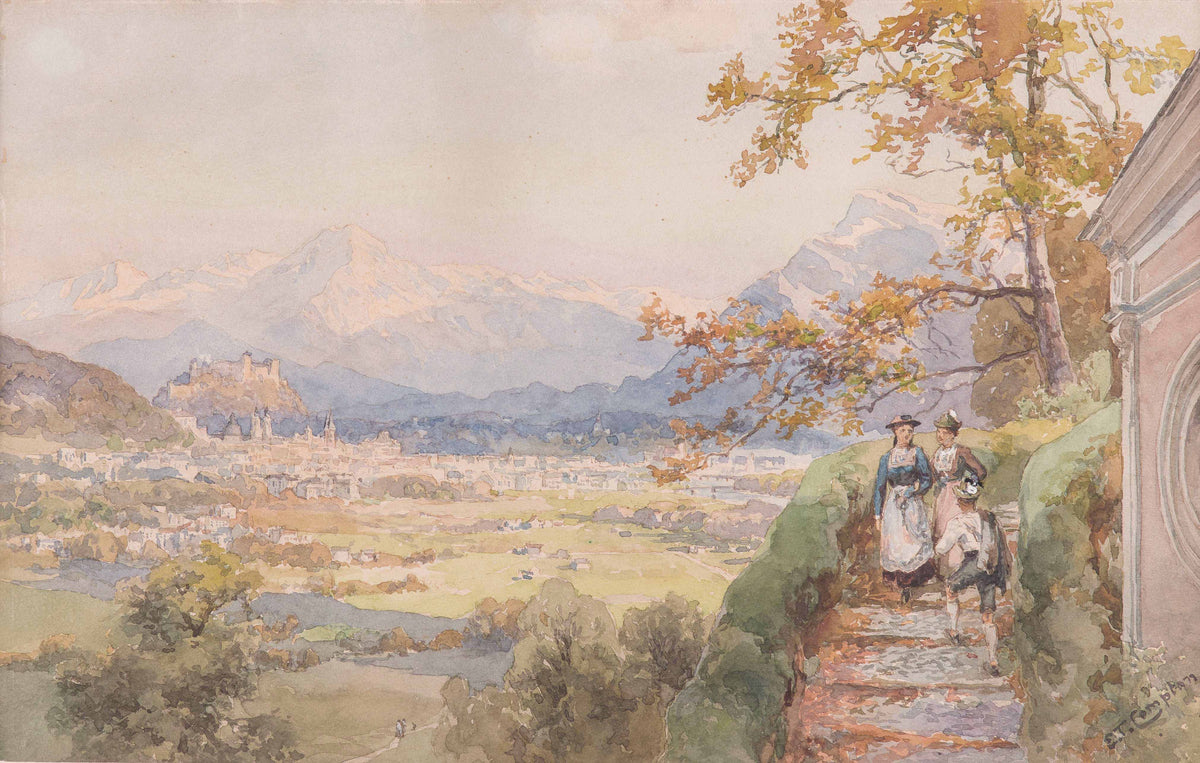 Landscape Oil Painting - Alpine Town View with Mountain Peaks