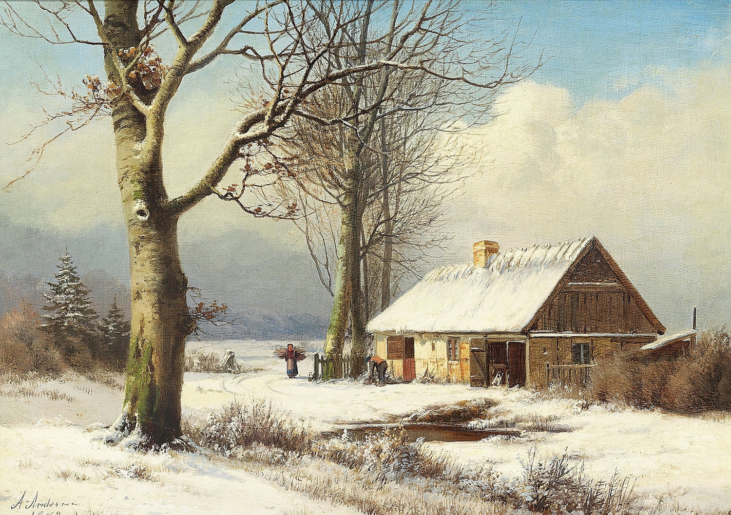 Hand-painted snowy cottage and winter country path landscape oil painting on canvas
