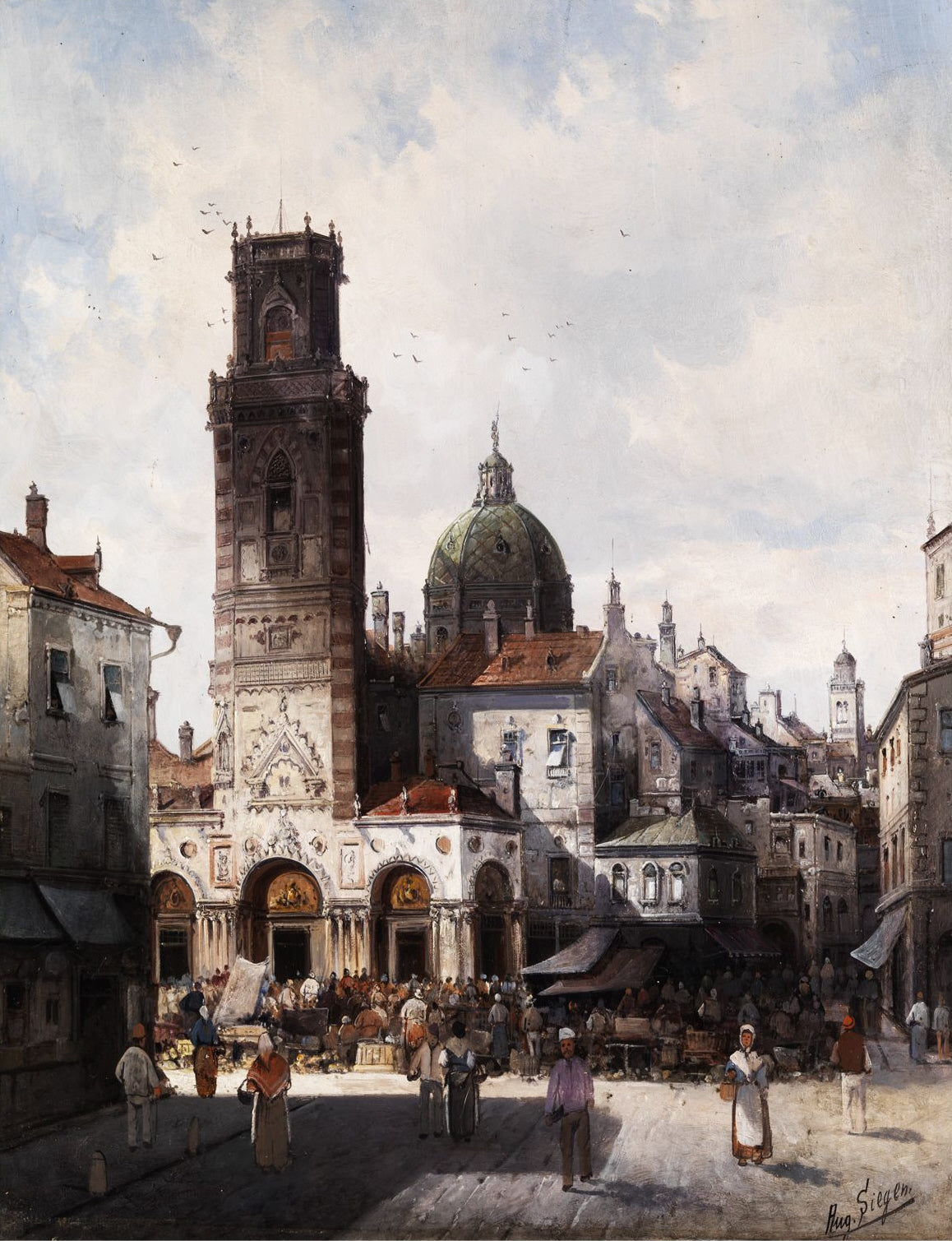 Hand-painted cathedral square and market scene landscape oil painting on canvas