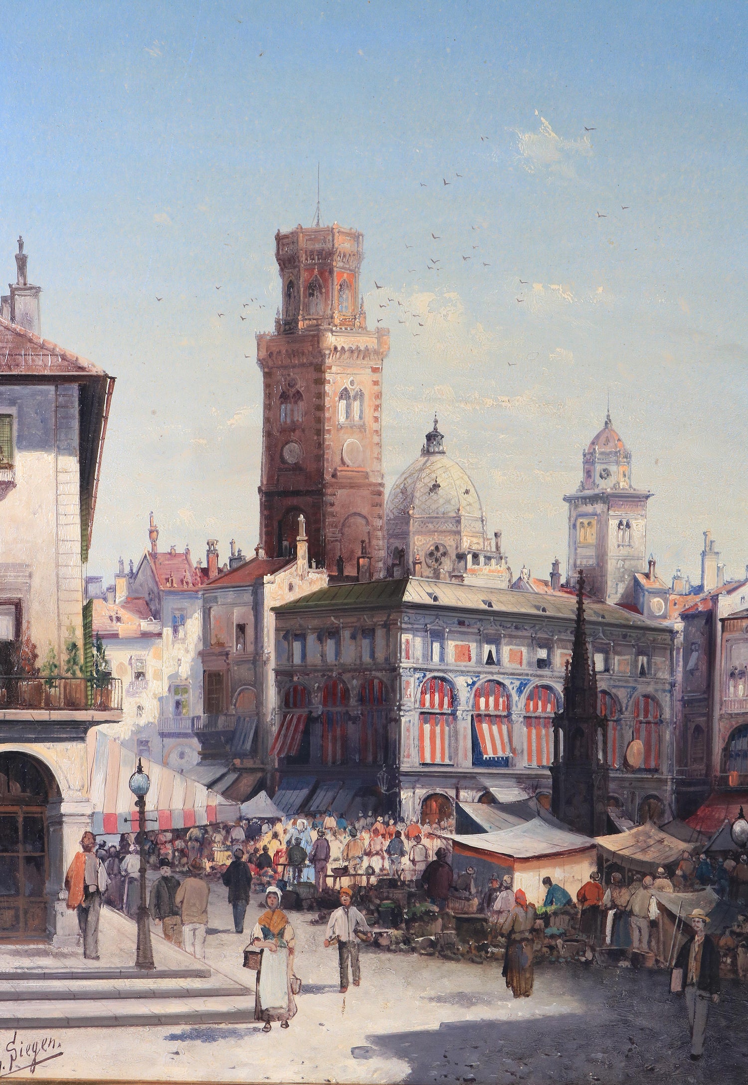 Historic city market scene with bell tower, hand painted oil on canvas, textured brushwork landscape oil painting. - Add Frame, Architecture, Canvas, Hand Painted, Landscape, Made To Order, Oil Painting