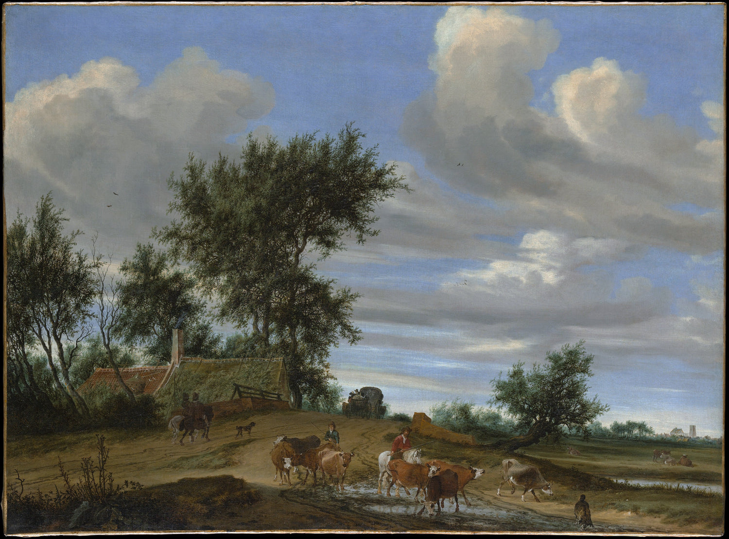Landschaftsgemälde in Öl – Winterliche Flusslandschaft mit Figuren und Pferden