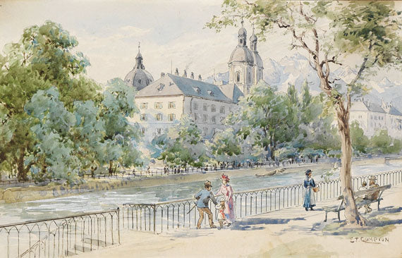 Landscape oil painting with hand painted textured brushwork depicting a riverside promenade with figures, lush green trees,. - Architecture, Canvas, Church, Figure, Forest, Hand Painted, Landscape, Made To Order, Oil Painting, River