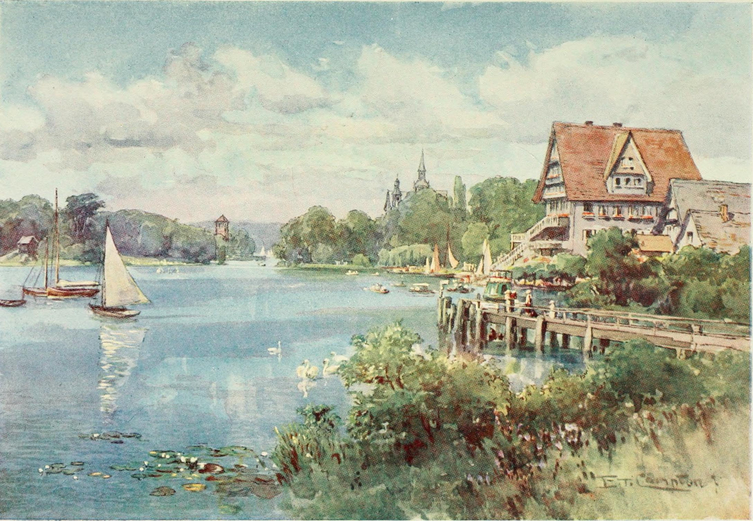 Hand painted oil on canvas landscape oil painting with textured brushwork depicting lakeside villa, sailboats on calm water, . - Boat, Canvas, Hand Painted, Lake, Landscape, Made To Order, Oil Painting