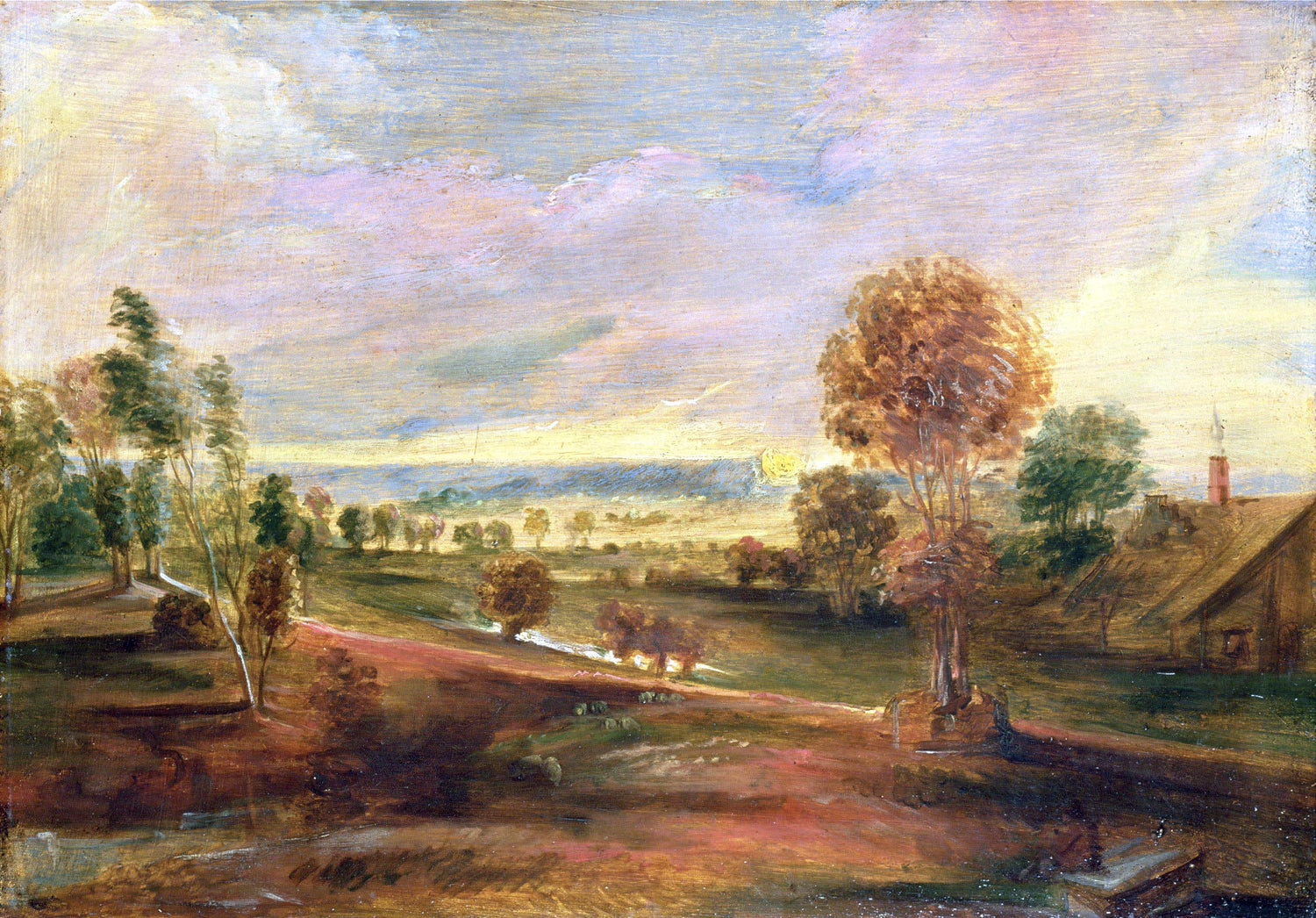 Landschaftsgemälde in Öl – Winterliche Flusslandschaft mit Figuren und Pferden