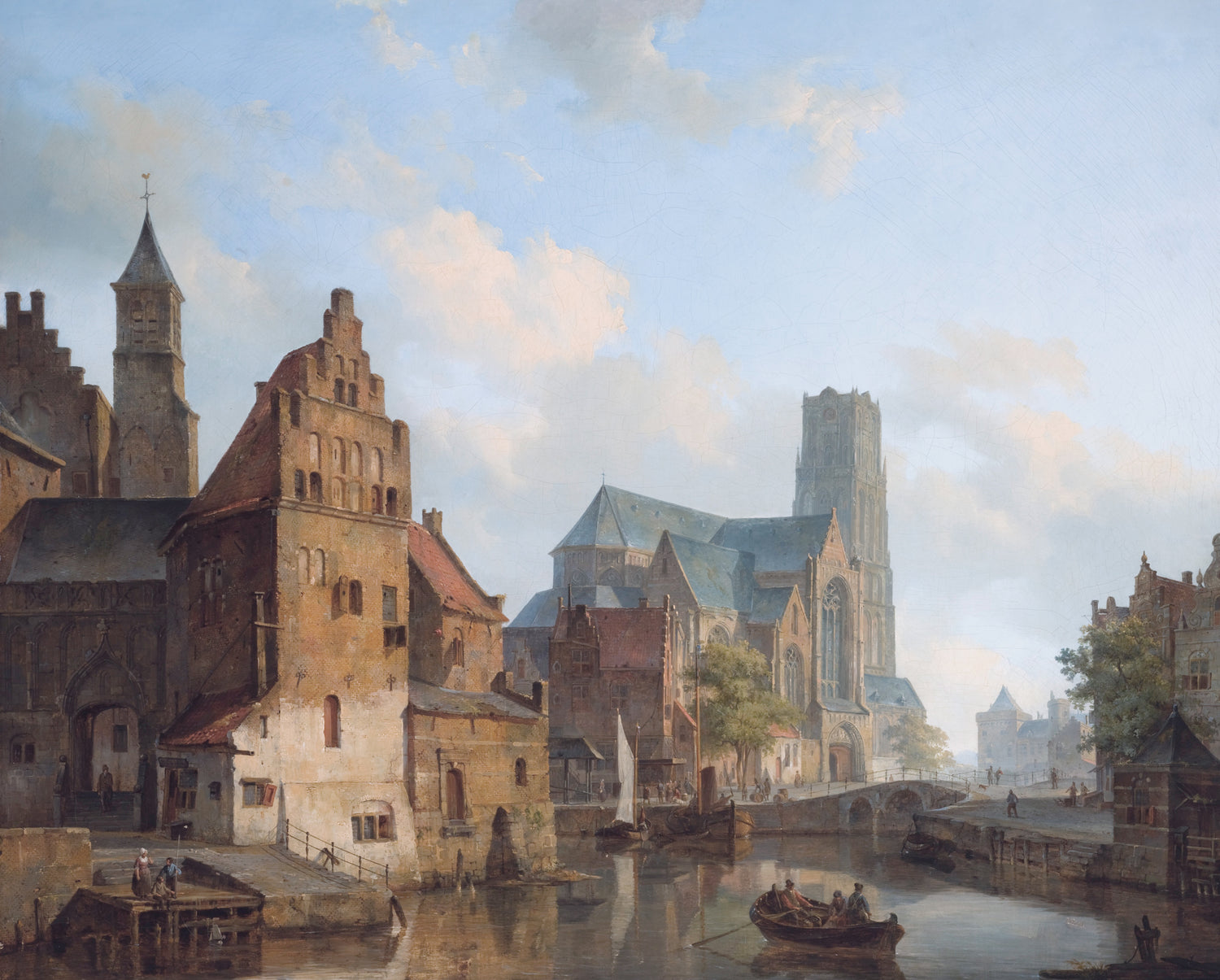 Landscape Oil Painting - Historic Riverside City Church & Boats