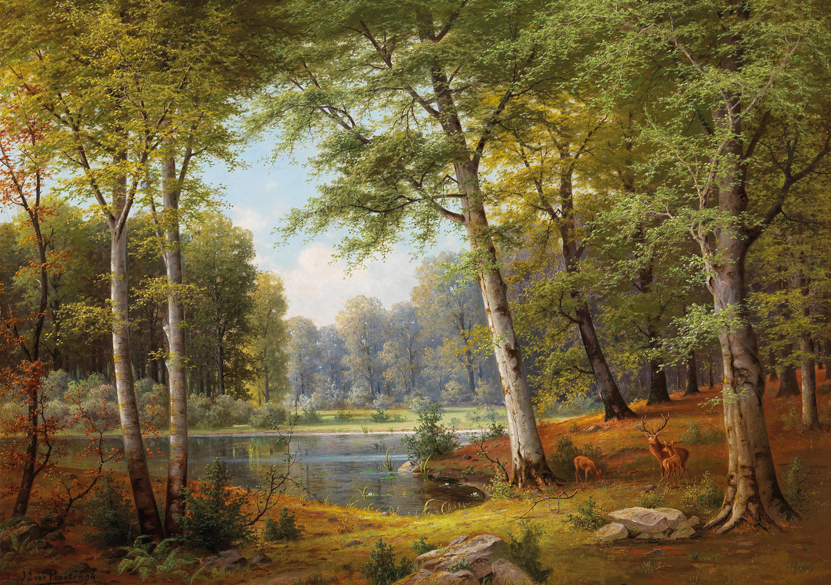 Landscape Oil Painting - Deer at a Peaceful Forest Pond in Autumn