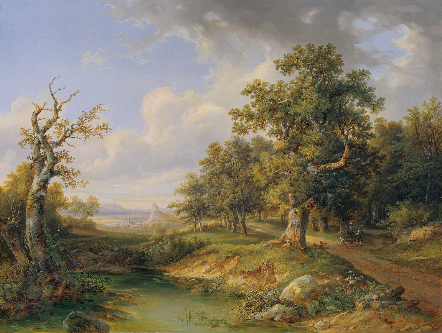 Hand-painted woodland pond and distant castle view landscape oil painting on canvas