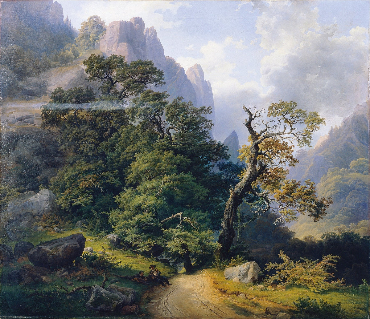 Landscape oil painting of a winding mountain path through dense ancient forest with textured brushwork on oil on canvas. - Alpine, Canvas, Forest, Hand Painted, Landscape, Made To Order, Mountain, Oil Painting, Road