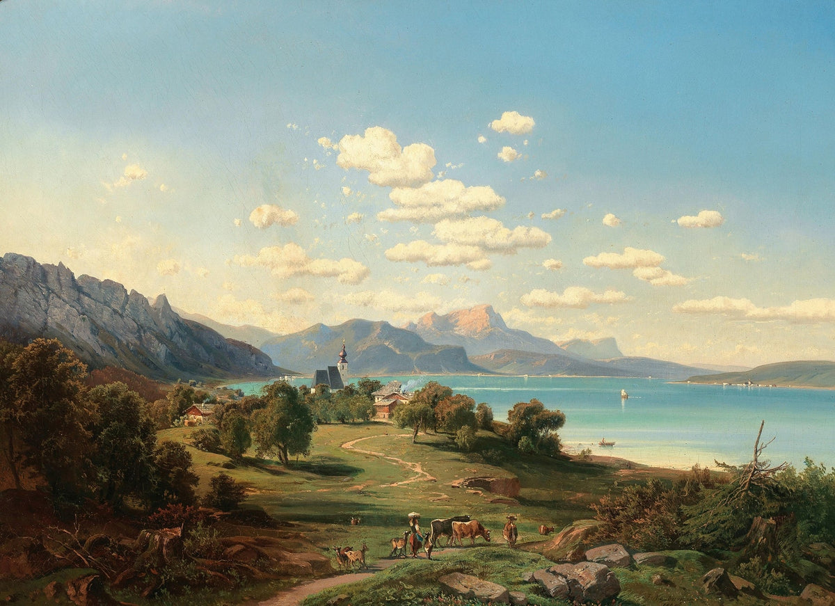 Hand painted landscape oil painting on canvas featuring a lakeside village with church and farm, mountains in the. - Animal, Architecture, Canvas, Church, Farm, Hand Painted, Lake, Landscape, Made To Order, Mountain, Oil Painting, Village
