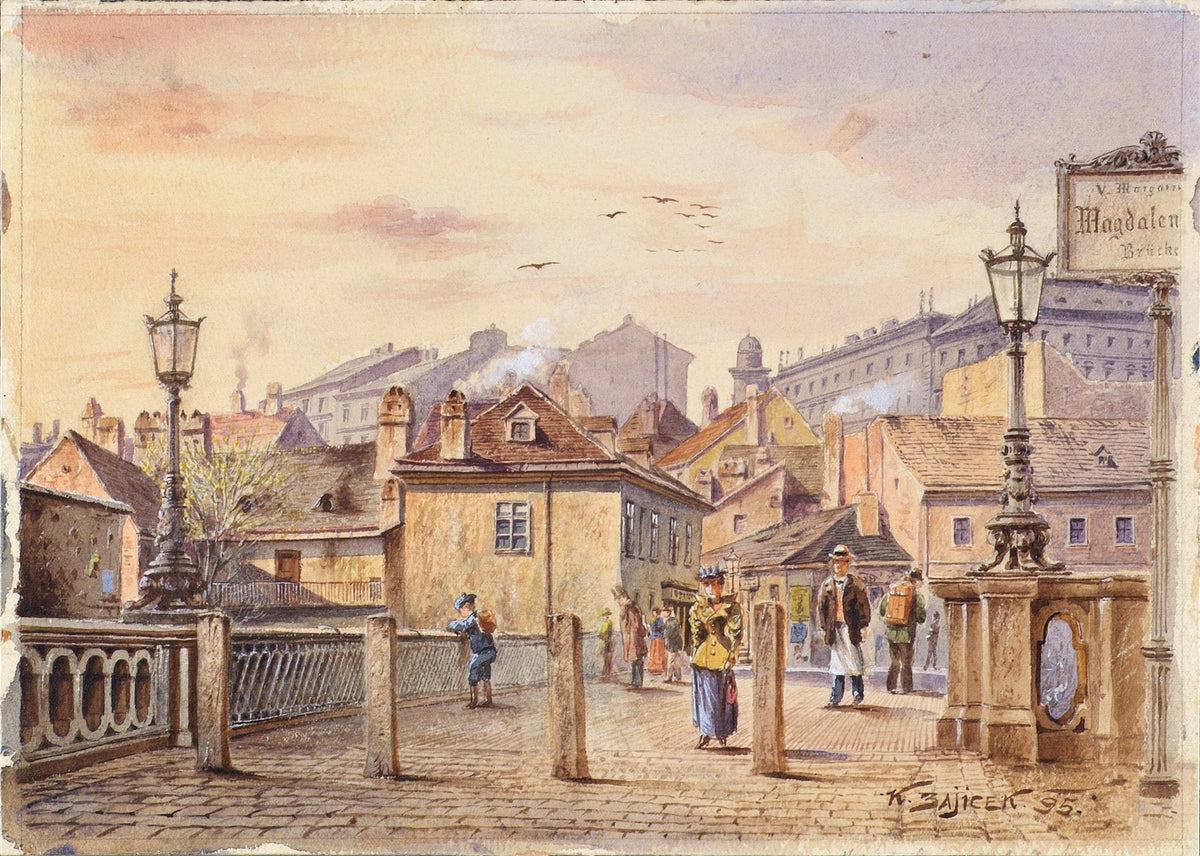 Hand painted oil on canvas landscape oil painting of historic European village street at sunset with textured brushwork and. - Architecture, Canvas, Figure, Hand Painted, Landscape, Made To Order, Oil Painting, Sunset, Village
