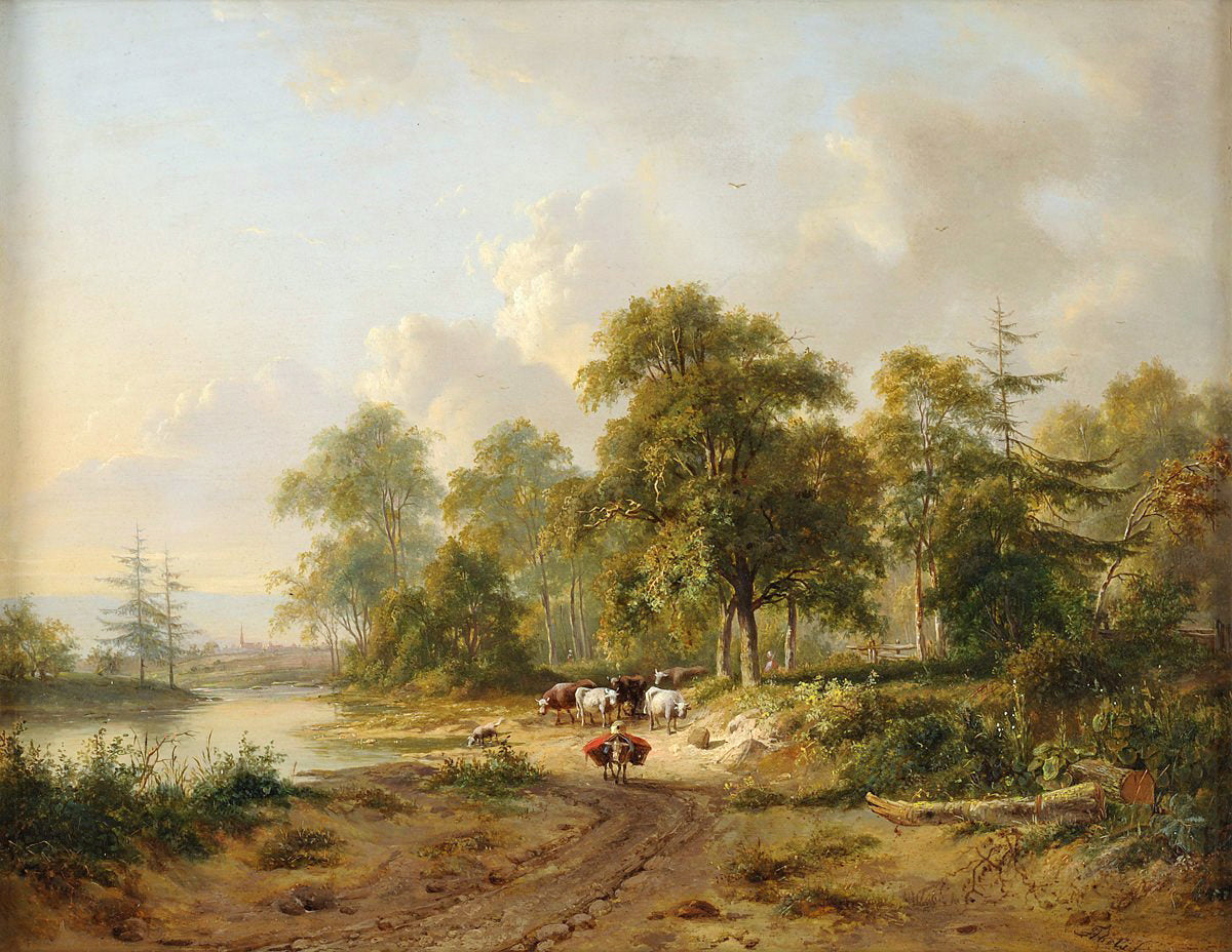 Ölgemälde Landschaft - Flussufer mit Vieh