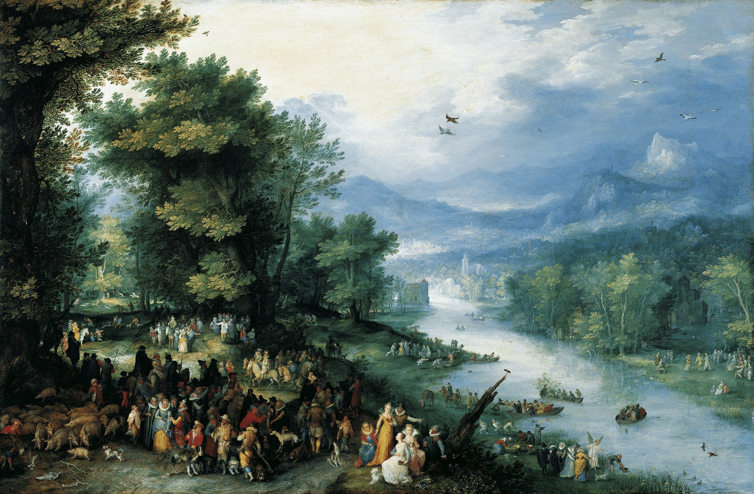 Landscape oil painting of a river scene with boats and a crowded forested riverbank, textured brushwork on oil on canvas. - Add Frame, Boat, Canvas, Figure, Forest, Hand Painted, Landscape, Made To Order, Mountain, Oil Painting, River