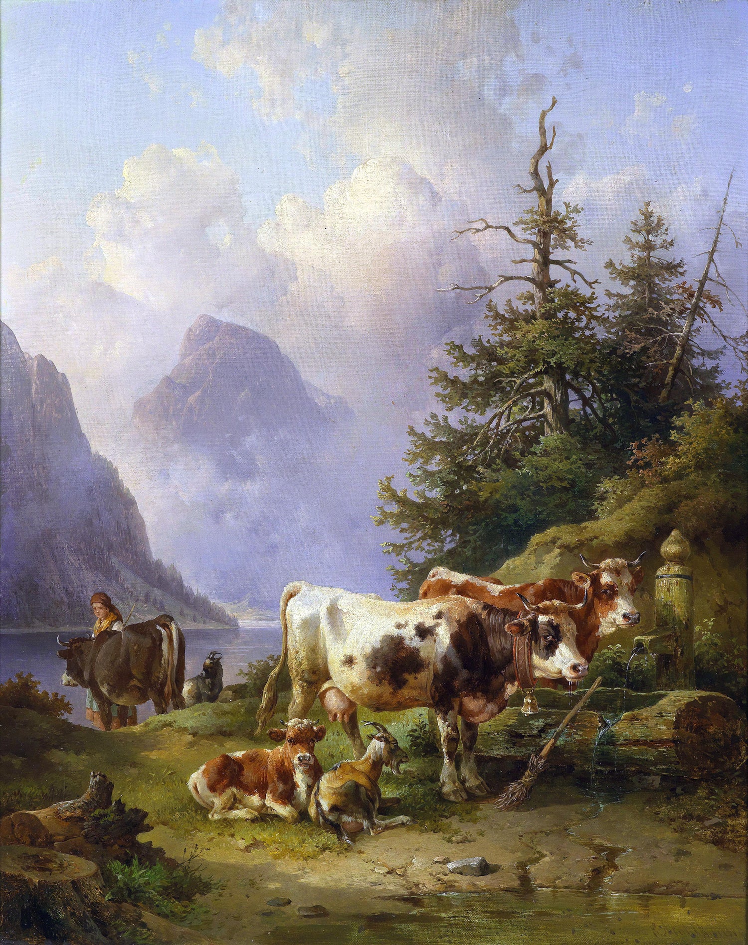Ölgemälde - Alpensee mit Vieh