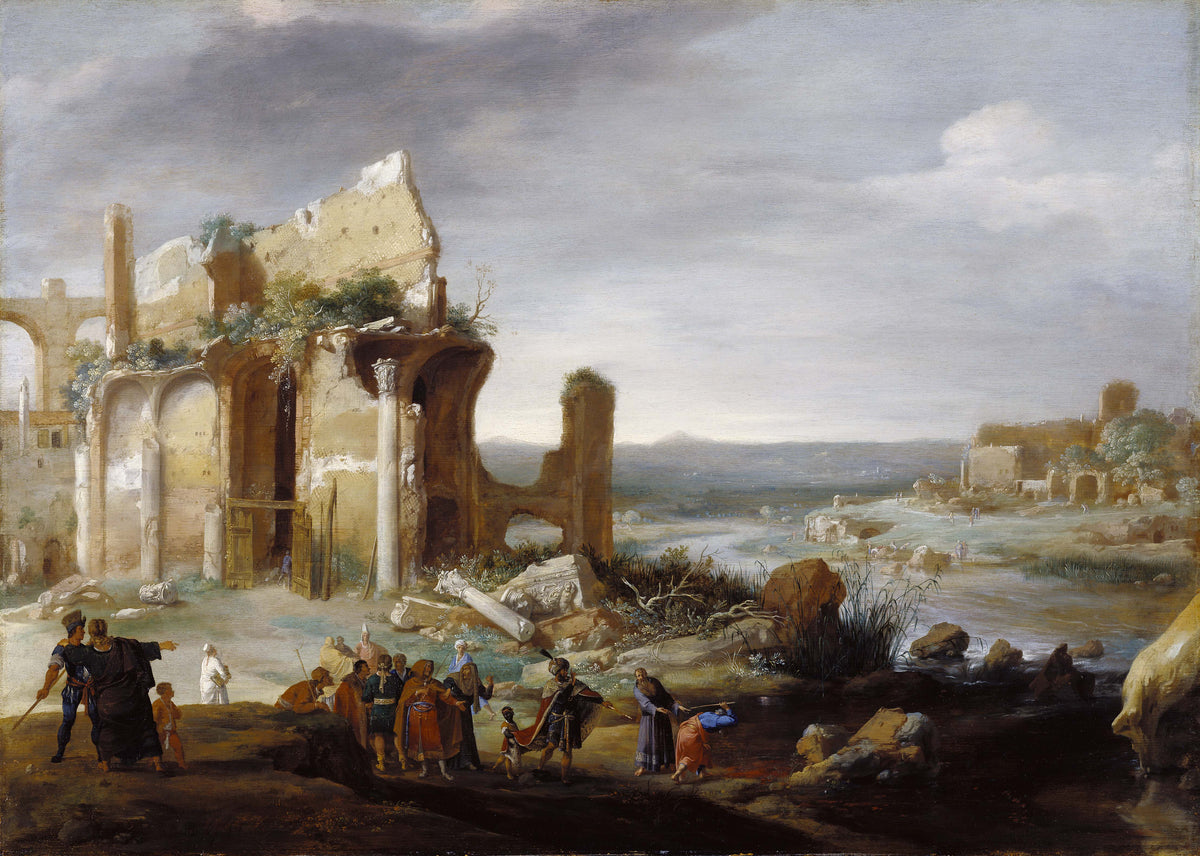 Peinture à l'huile de paysage - Ruines antiques au bord d'une rivière avec des personnages