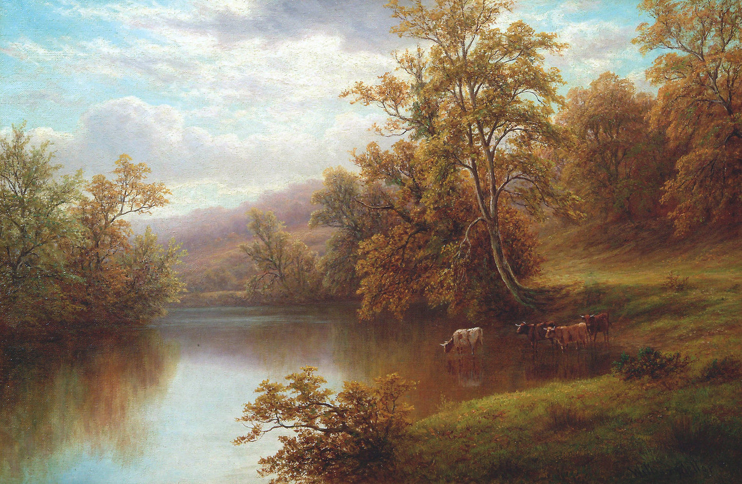 Landschaftsgemälde in Öl – Herbstliches Seetal und weidende Rinder
