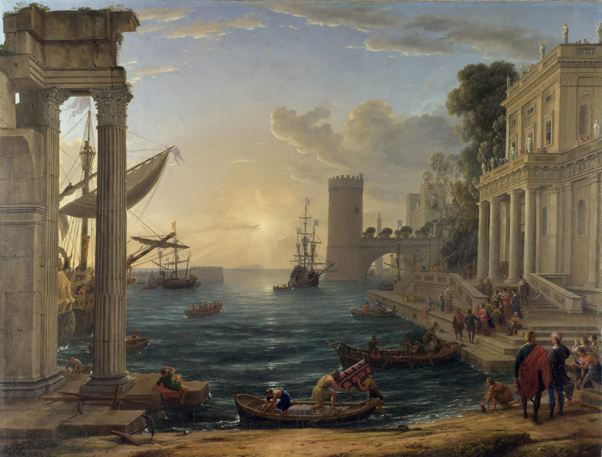 Landscape Oil Painting - Busy Seaport Ancient Ruins & Ships