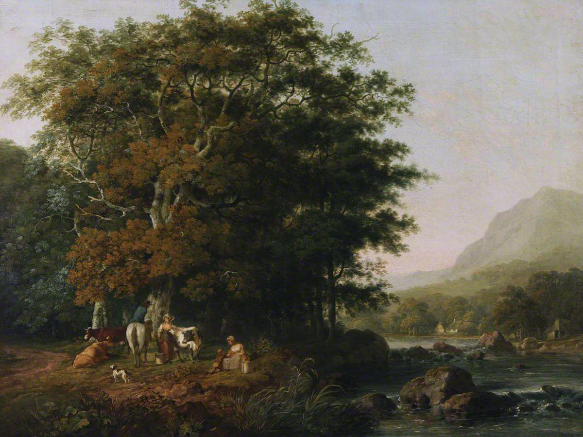 Peinture à l'huile de paysage - Scène de rivière hivernale avec personnages et chevaux