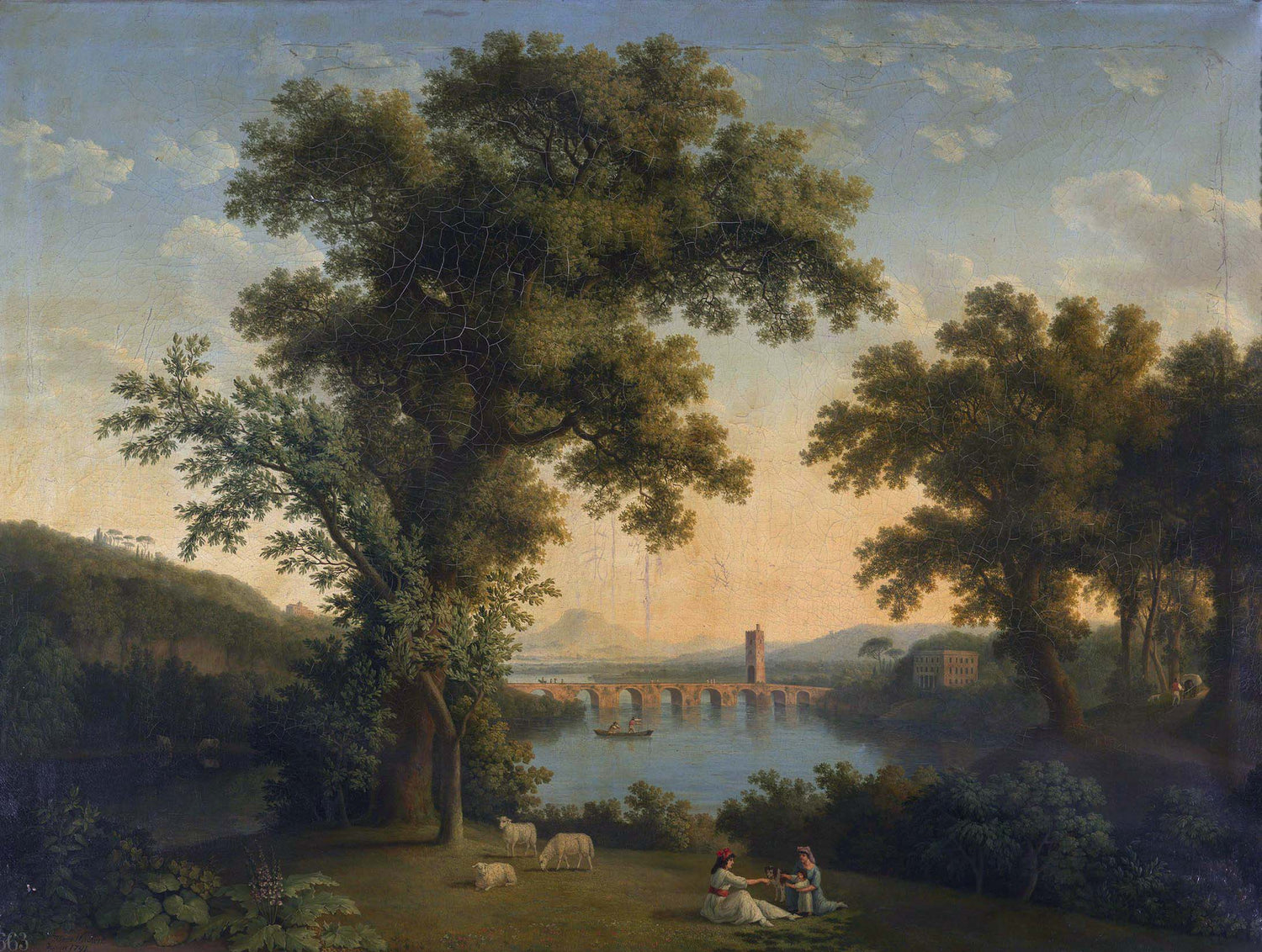 Peinture à l'huile de paysage - Scène de rivière hivernale avec personnages et chevaux