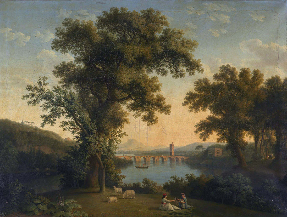Landschaftsgemälde in Öl – Winterliche Flusslandschaft mit Figuren und Pferden
