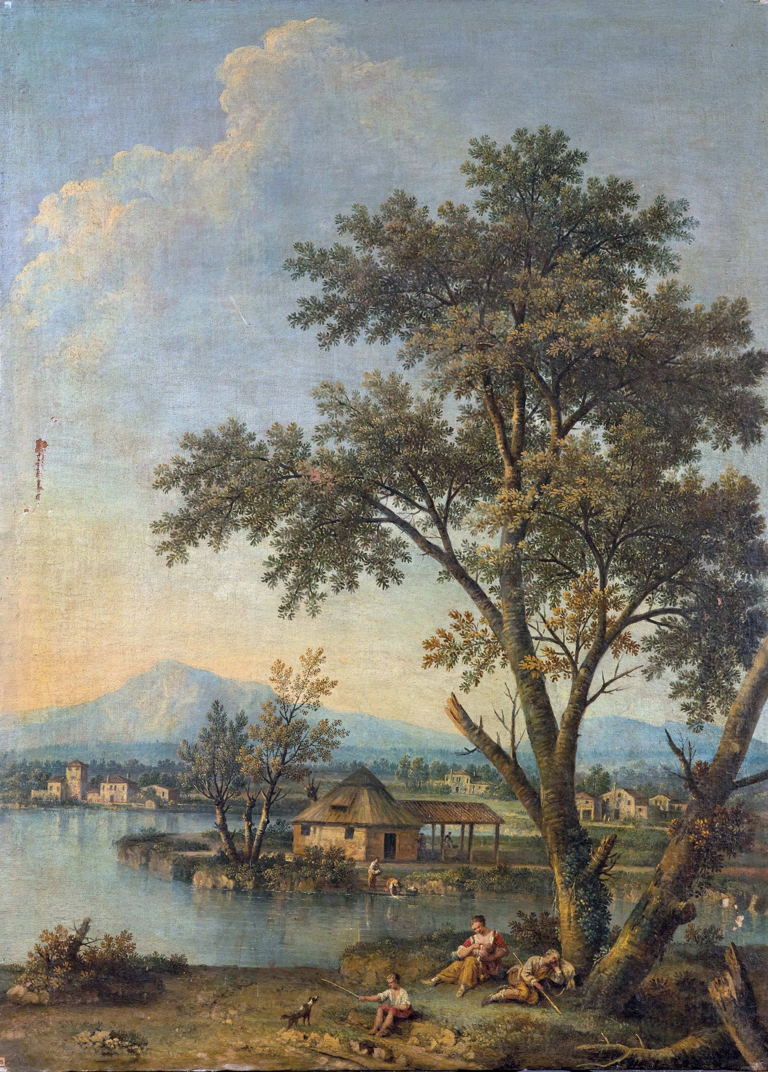 Peinture à l'huile de paysage - Rivière printanière avec pêcheur et arbres