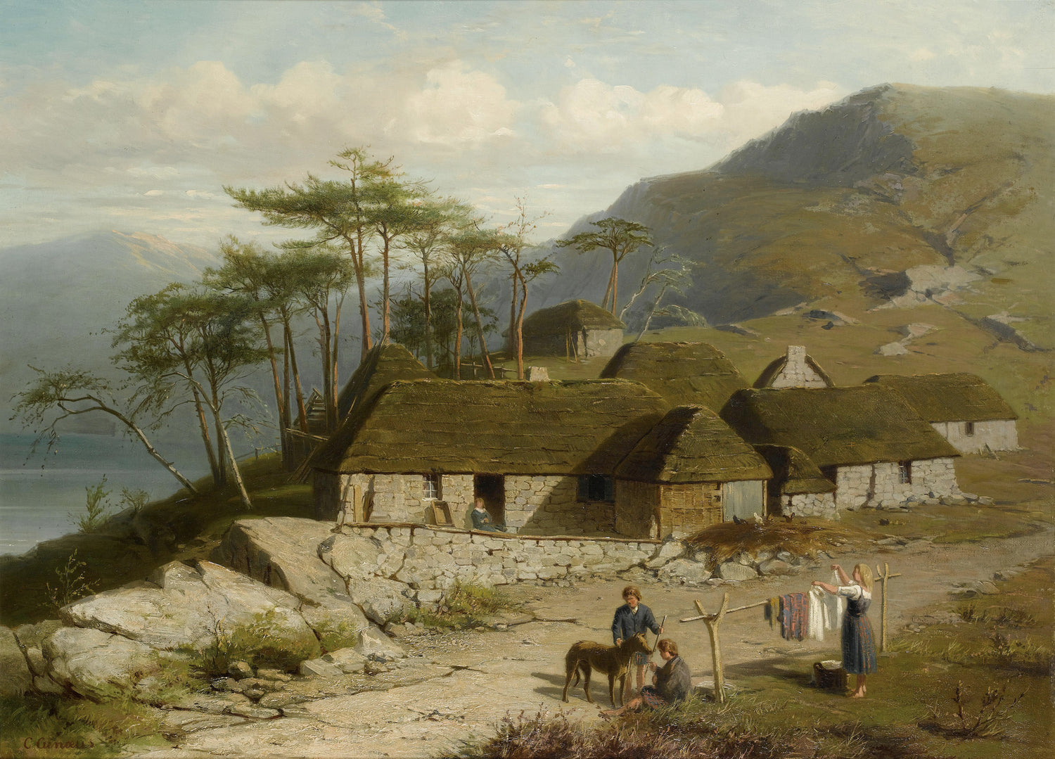Landscape Oil Painting - Mountain Cottage Village by Lakeside