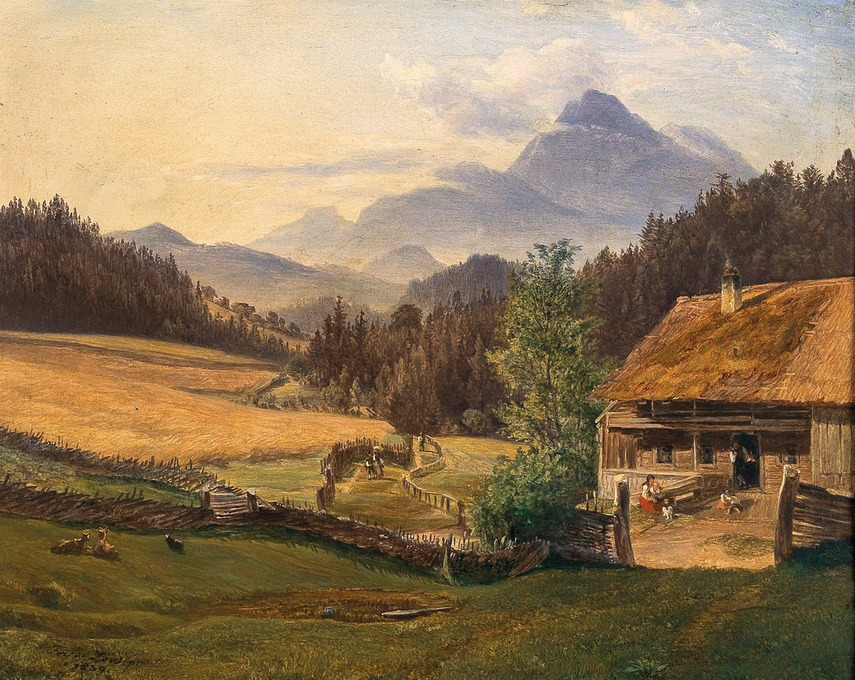 Landschaftsgemälde in Öl – Winterliche Flusslandschaft mit Figuren und Pferden
