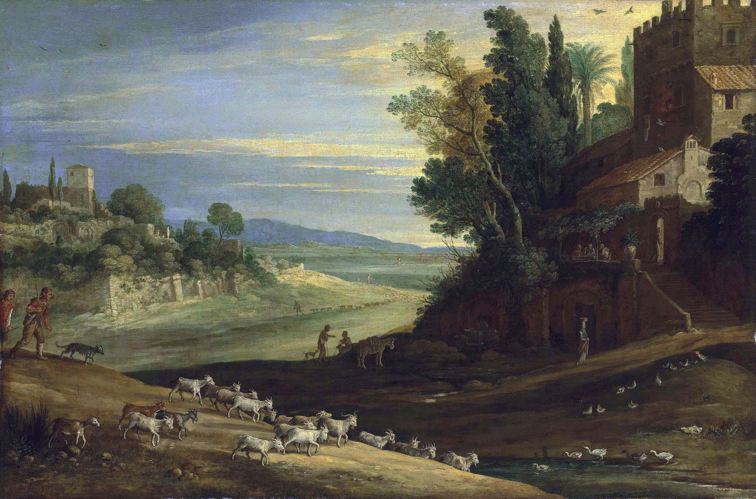 Landscape Oil Painting - Pastoral Estate with Goats and Ducks