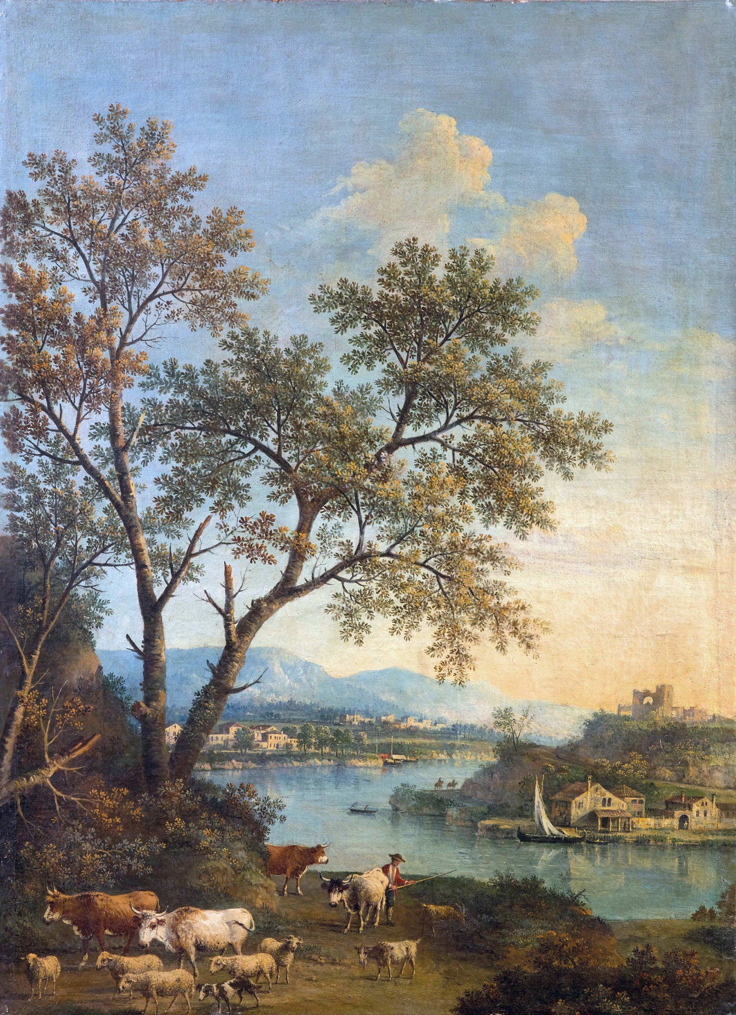 Peinture à l'huile de paysage - Rivière printanière avec pêcheur et arbres