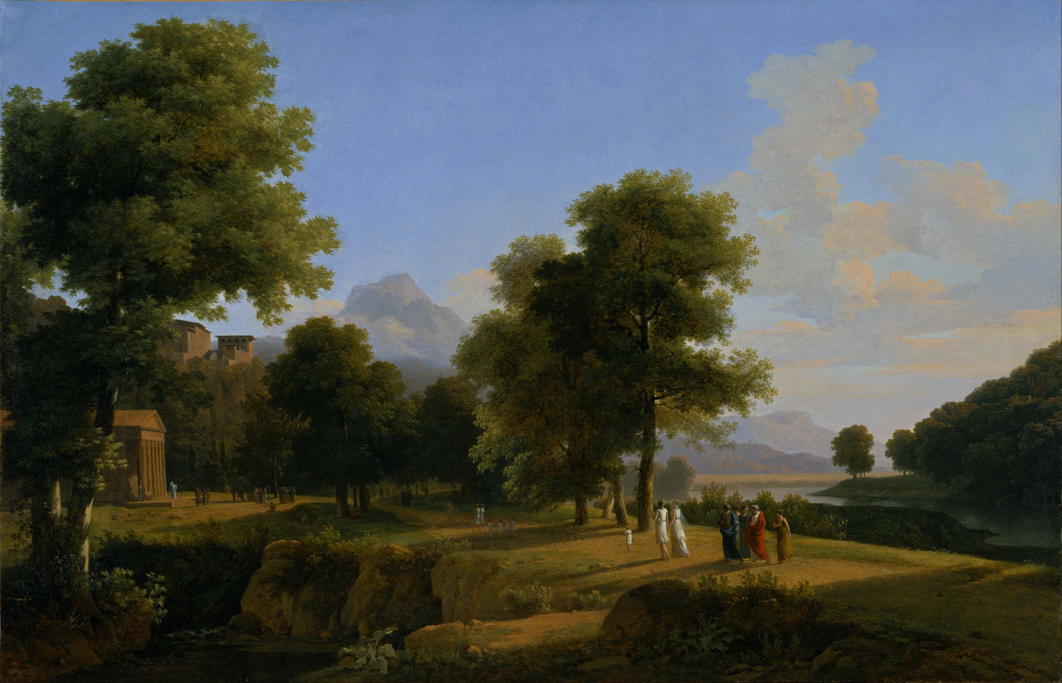 Landschaftsgemälde in Öl – Winterliche Flusslandschaft mit Figuren und Pferden