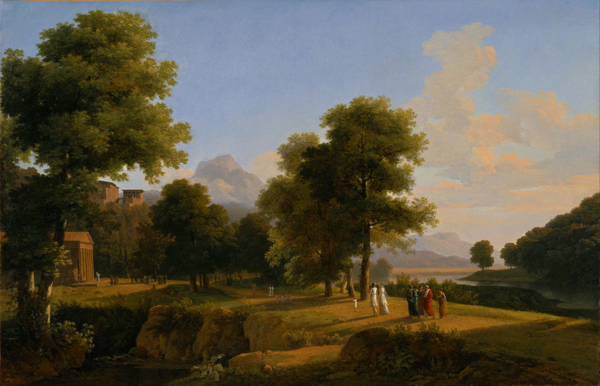 Landschaftsgemälde in Öl – Winterliche Flusslandschaft mit Figuren und Pferden