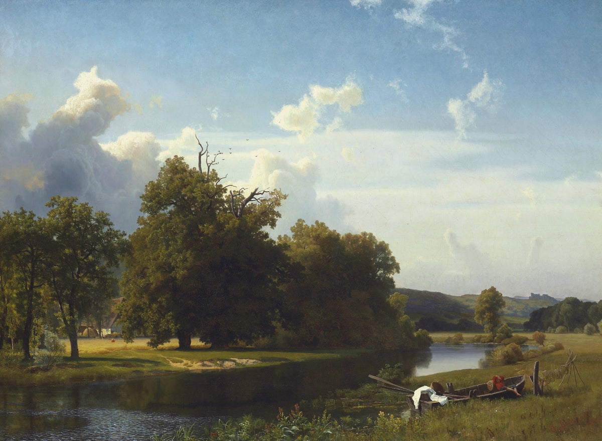 Landscape Oil Painting - Riverside, Oak Tree, Boat & Distant