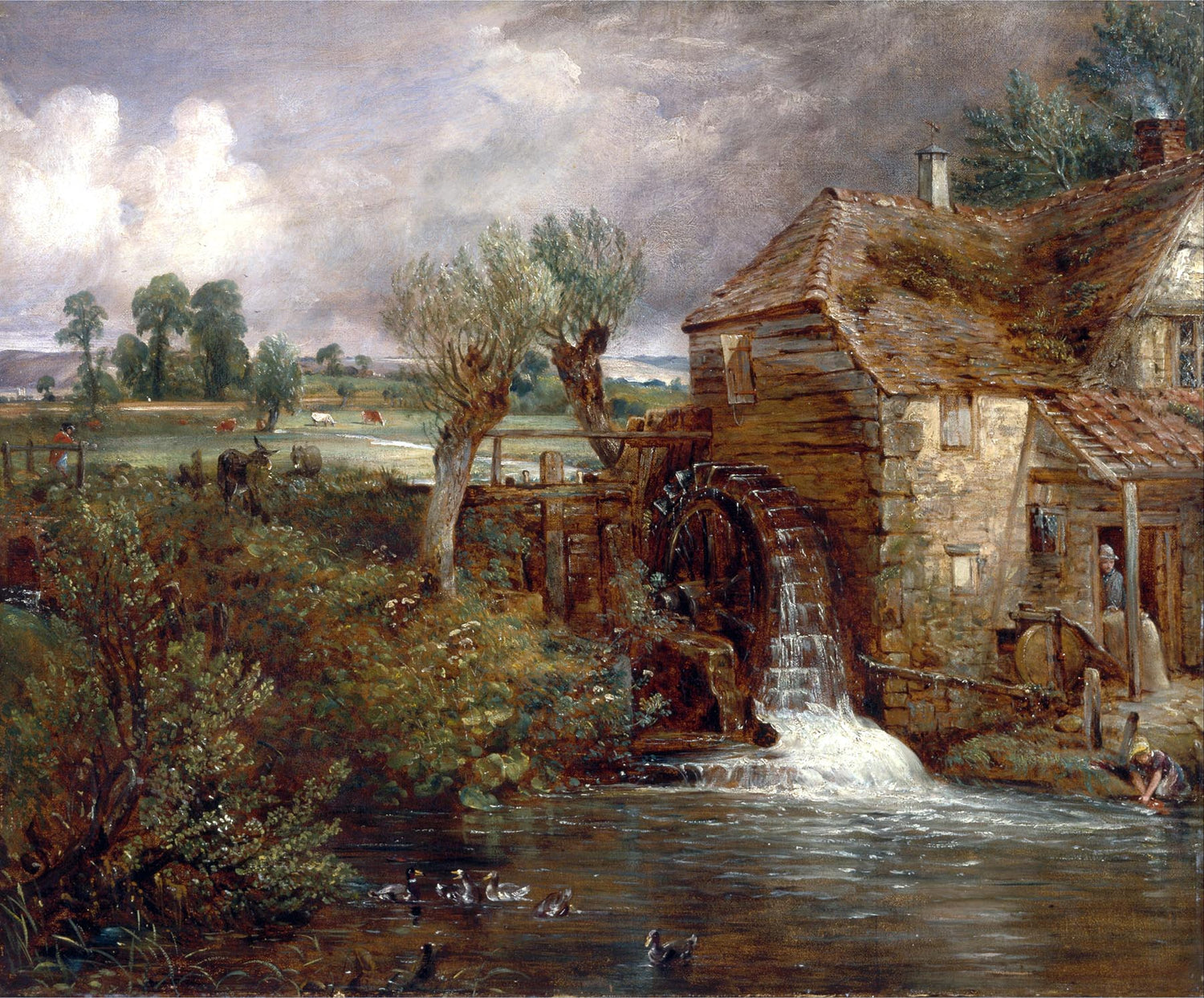 Landscape Oil Painting - Rustic Watermill and Countryside Pond